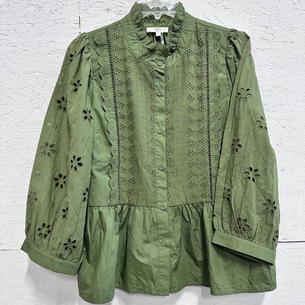 Entro Large Blouse Casual Shirt Peplum Olive Green Cottagecore Eyelet Ruffle